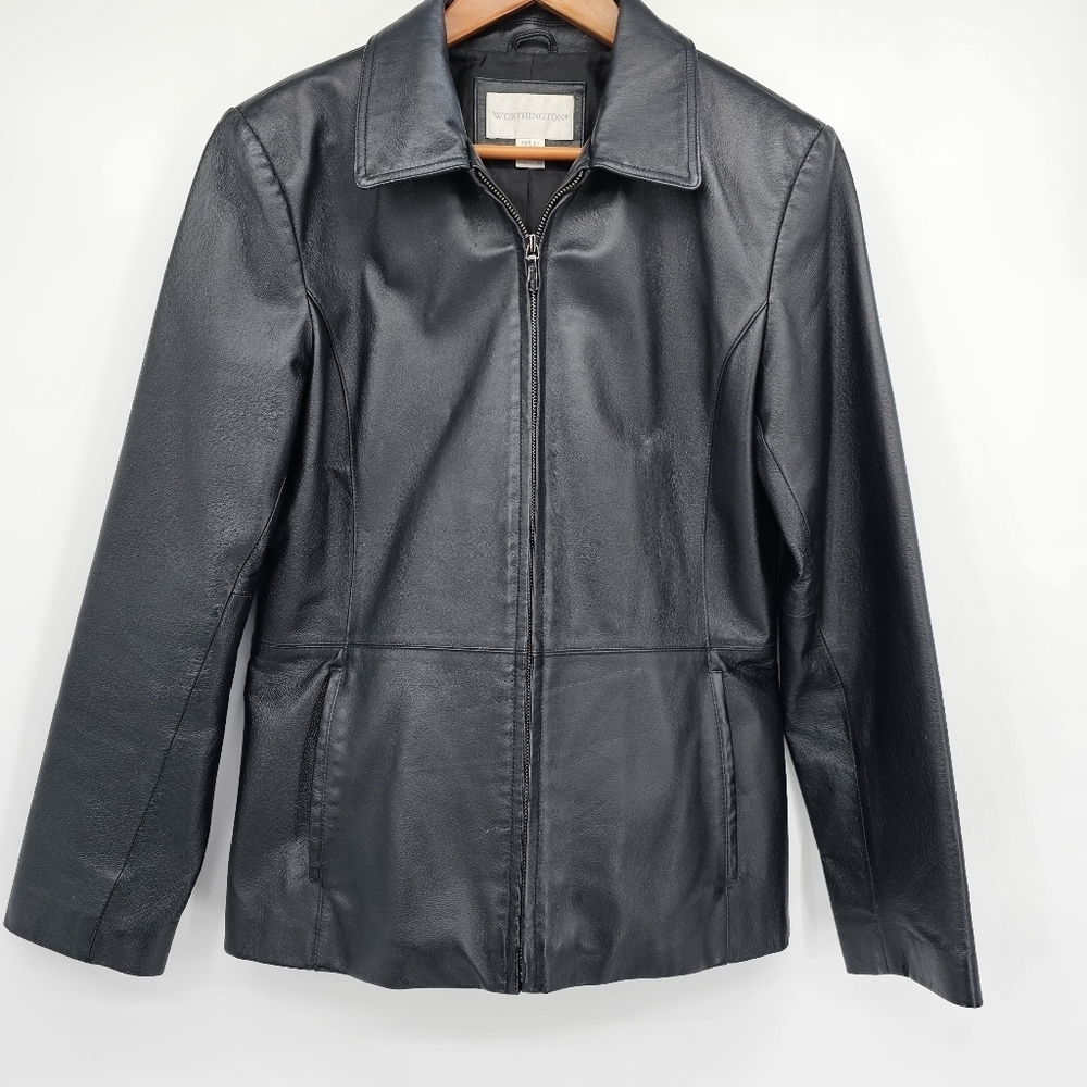 Worthington Black Leather Zip Front Blazer Jacket Womens Size Small
